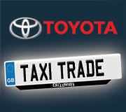 Toyota logo and name displayed above a UK-style number plate reading TAXI TRADE with GB and EXCL DRIVES labels, set against a dark background, emphasising Toyota taxi reliability for commercial taxi sales.