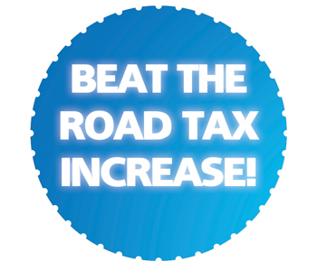 A blue circular graphic with bold white text in all caps reading, BEAT THE ROAD TAX RISE!, designed to promote the advantages of purchasing a new taxi.