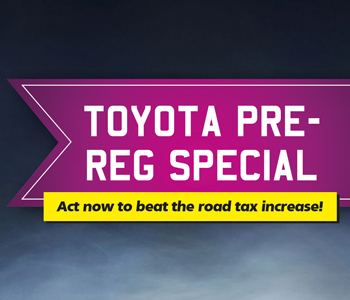 A purple banner displays “Toyota Pre-Reg Special.” Underneath, a yellow strip urges, “Act now to beat the Toyota taxi road tax rise!” The background features a dark gradient.
