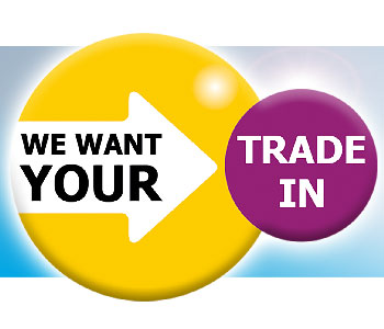 A yellow circle with a white arrow and the text “We want your” points to a purple circle labelled “Part exchange,” emphasising the expertise of taxi trade specialists. The background is light blue and white.