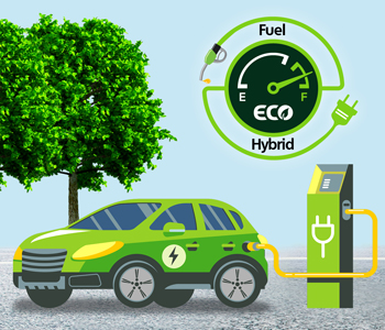 A green hybrid taxi charges at an electric station near a tree, highlighting eco-friendly commercial taxi options. A gauge displays petrol and electric modes labelled Eco and Hybrid.