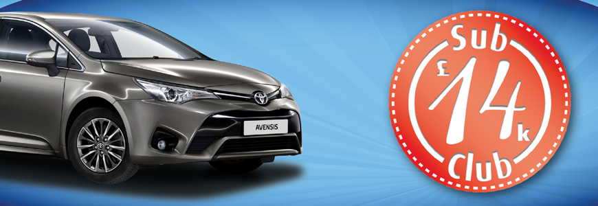 A grey Toyota Avensis taxi is displayed on a blue background next to a bold red circular badge reading Sub-£14K Club.
