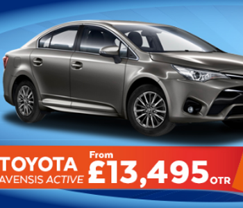 A grey Toyota Avensis Active taxi is shown against a blue background, with text below promoting the price: Toyota Avensis Active from £13,495 OTR and exclusive February offers.