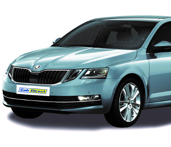 Front left view of a silver Skoda Octavia taxi showcasing its headlamps, grille, and part of the windscreen. The number plate displays Cab Direct.