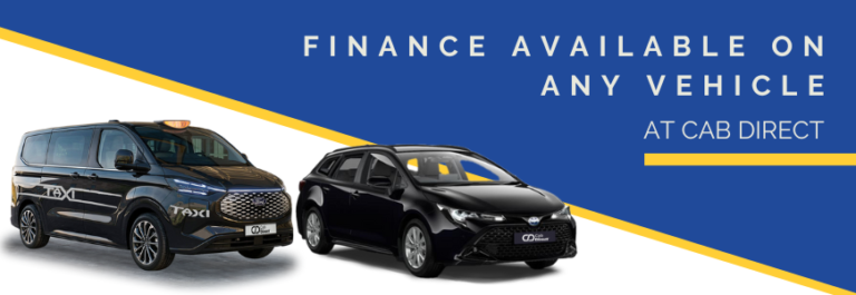 Two black vehicles, including a taxi and a car, displayed on a white background with blue and yellow accents. Promotional text: Finance available on any vehicle at Cab Direct.