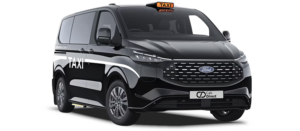 A black Ford MAXiCab taxi with a TAXI sign on the roof, white TAXI lettering on the side, and Cab Direct branding on the number plate, shown against a white background.