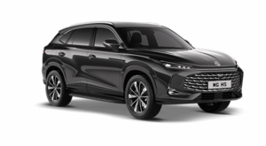 A black MG HS SUV is displayed on a white background, angled to show the front and side design. Featuring sleek headlamps, large wheels, and a bold front grille—ideal for taxi service or fleet use.