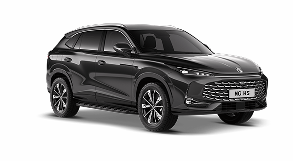 A black MG HS SUV is displayed on a white background, angled to show the front and side design. Featuring sleek headlamps, large wheels, and a bold front grille—ideal for taxi service or fleet use.