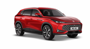 Front side view of a red MG HS SUV on a white background, highlighting its sleek headlamps, large grille, and stylish black alloy wheels—ideal for taxi fleets.