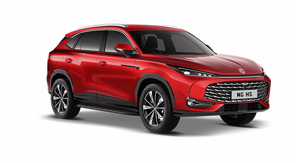 Front side view of a red MG HS SUV on a white background, highlighting its sleek headlamps, large grille, and stylish black alloy wheels—ideal for taxi fleets.