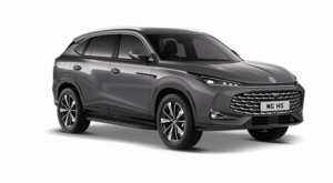 A sleek, dark grey MG HS taxi is displayed at an angle on a white background, showcasing its modern design, chrome grille, LED headlamps, and alloy wheels.