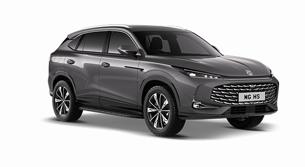 A sleek, dark grey MG HS taxi is displayed at an angle on a white background, showcasing its modern design, chrome grille, LED headlamps, and alloy wheels.