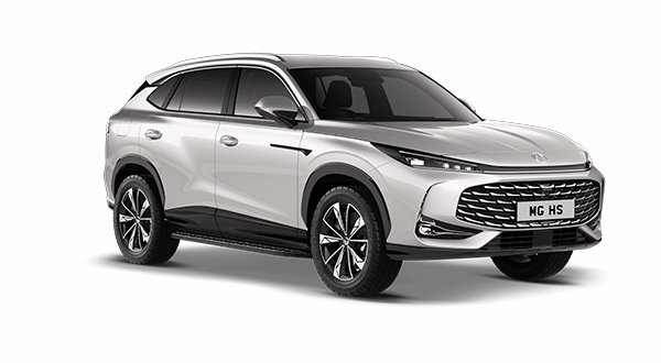 A white MG HS SUV is pictured at an angle, showcasing its modern design, large front grille, sharp headlamps, tinted windows, and alloy wheels on a plain white background—ideal for taxi fleet buyers seeking style and reliability.