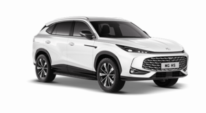 Front view of a white MG HS SUV on a plain background, featuring a sleek design, large grille, stylish headlamps, black roof accents, and eye-catching alloy wheels—ideal for taxi services.