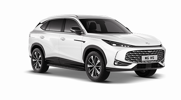 Front view of a white MG HS SUV on a plain background, featuring a sleek design, large grille, stylish headlamps, black roof accents, and eye-catching alloy wheels—ideal for taxi services.