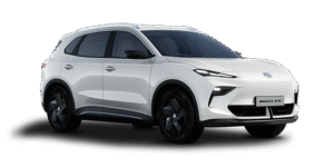 A white MG S5 EV electric SUV taxi is displayed from a front-side angle on a plain white background, featuring black wheels, sleek LED headlamps, and a modern, sporty design.