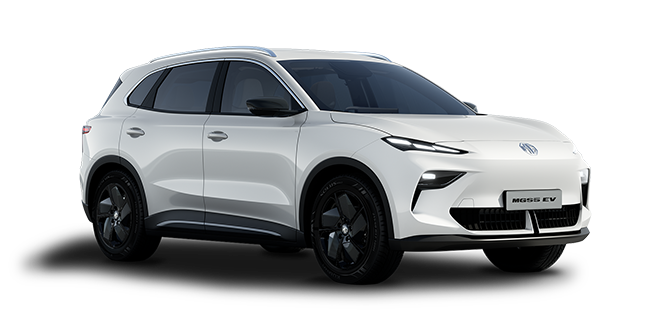 A white MG S5 EV electric SUV taxi is displayed from a front-side angle on a plain white background, featuring black wheels, sleek LED headlamps, and a modern, sporty design.