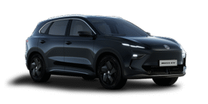 A sleek, black MG S5 EV electric SUV taxi shown from a front-side angle on a white background, featuring tinted windows, modern headlamps, and a number plate reading MGZS EV.