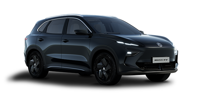 A sleek, black MG S5 EV electric SUV taxi shown from a front-side angle on a white background, featuring tinted windows, modern headlamps, and a number plate reading MGZS EV.