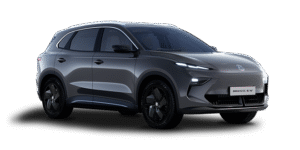 A sleek, dark grey MG S5 EV electric SUV taxi is displayed on a white background from the front-left angle, showcasing its modern curves, black wheels, and narrow LED headlamps.