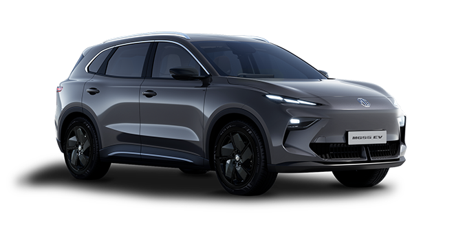 A sleek, dark grey MG S5 EV electric SUV taxi is displayed on a white background from the front-left angle, showcasing its modern curves, black wheels, and narrow LED headlamps.