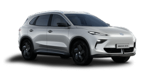 Silver MG S5 EV electric SUV taxi with black wheels and a sleek, modern design, shown from the front left angle on a plain white background.