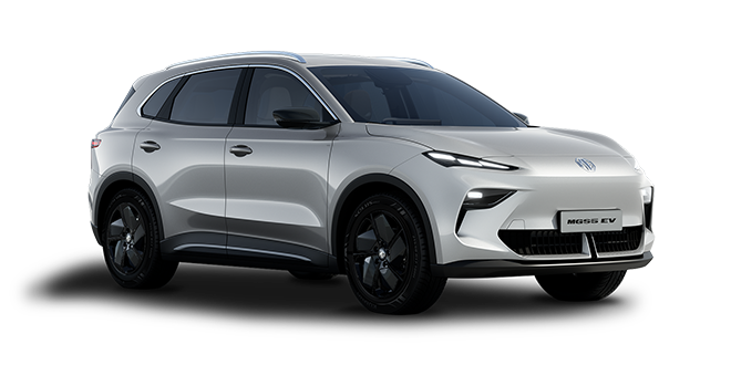 Silver MG S5 EV electric SUV taxi with black wheels and a sleek, modern design, shown from the front left angle on a plain white background.