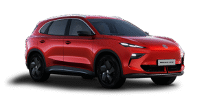 Red MG ZS EV electric SUV taxi, front left view with black wheels and sleek headlamps, displayed on a plain white background.