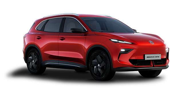 Red MG ZS EV electric SUV taxi, front left view with black wheels and sleek headlamps, displayed on a plain white background.