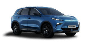 A blue MG4 EV electric taxi is displayed on a white background, front left view highlighting its sleek headlamps, black wheels, and aerodynamic design similar to the MG S5 EV—ideal for professional taxi services.
