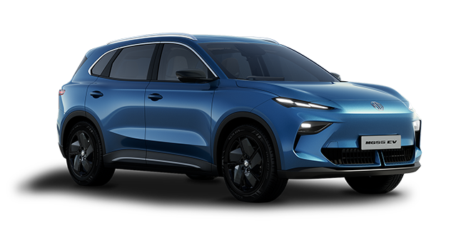 A blue MG4 EV electric taxi is displayed on a white background, front left view highlighting its sleek headlamps, black wheels, and aerodynamic design similar to the MG S5 EV—ideal for professional taxi services.