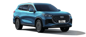 Blue Chery Tiggo 8 Pro taxi featuring a large black grille and multispoke alloy wheels.