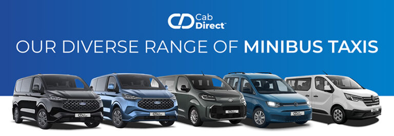 A line-up of five colourful taxis is displayed against a blue gradient background, with the headline “OUR DIVERSE RANGE OF MINIBUS TAXIS” and the Cab Direct logo above, showcasing options for taxi buyers.