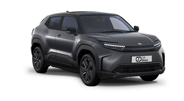 A sleek, black compact SUV taxi is shown at an angle on a white background, featuring modern LED headlamps, black alloy wheels, and a Cab Direct number plate on the front.