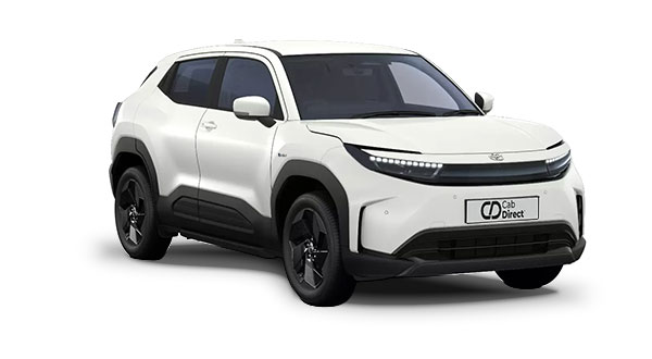 A white modern SUV taxi with black trim and tinted windows, displayed on a white background. The vehicle features a sleek design and a Cab Direct number plate on the front.