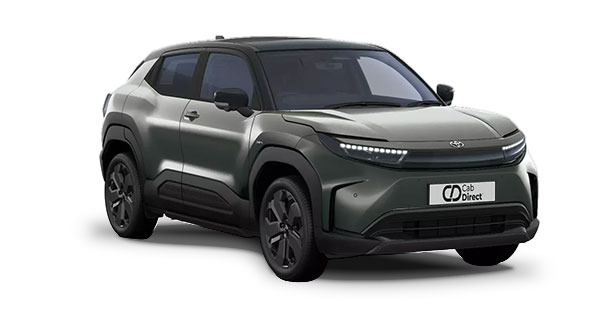 A dark green, modern compact SUV taxi featuring sleek LED headlamps, black accents, and tinted windows, shown from the front left side. The vehicle is parked on a plain white background with a Cab Direct plate.