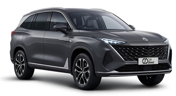 A sleek, dark grey SUV with a modern design, sharp LED headlamps, large grille, and silver trim is parked on a white background. The taxi features black wheels and Cab Direct branding on the front number plate.
