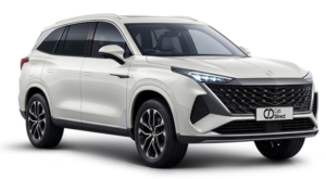 A white modern SUV taxi with black trim and alloy wheels, viewed from the front and side on a plain background, featuring sleek headlamps and a bold, prominent front grille.