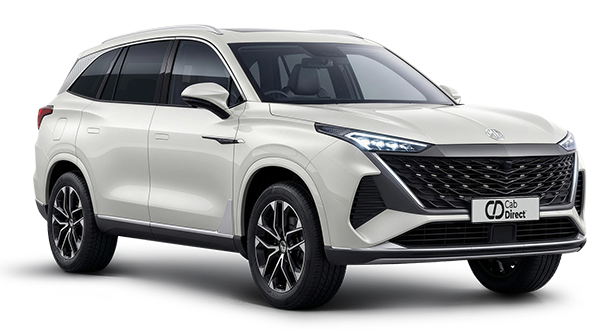 A white modern SUV taxi with black trim and alloy wheels, viewed from the front and side on a plain background, featuring sleek headlamps and a bold, prominent front grille.