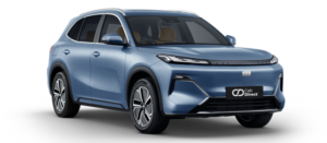 A light blue modern SUV taxi with sleek lines and black accents, shown from the front left angle. Features include LED headlamps and a Cab Direct number plate.