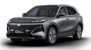 A modern, dark grey SUV taxi with black-tinted windows and alloy wheels, displayed at a three-quarter front angle on a plain white background.