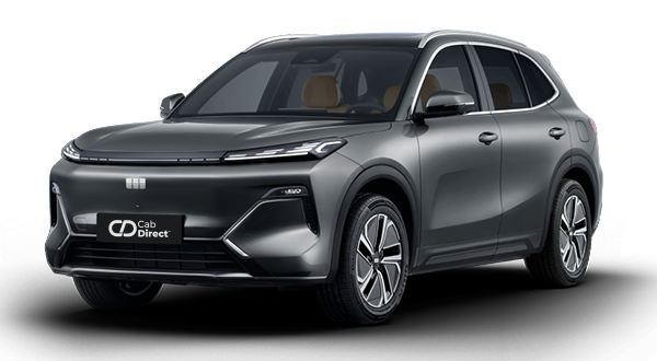 A modern, dark grey SUV taxi with black-tinted windows and alloy wheels, displayed at a three-quarter front angle on a plain white background.