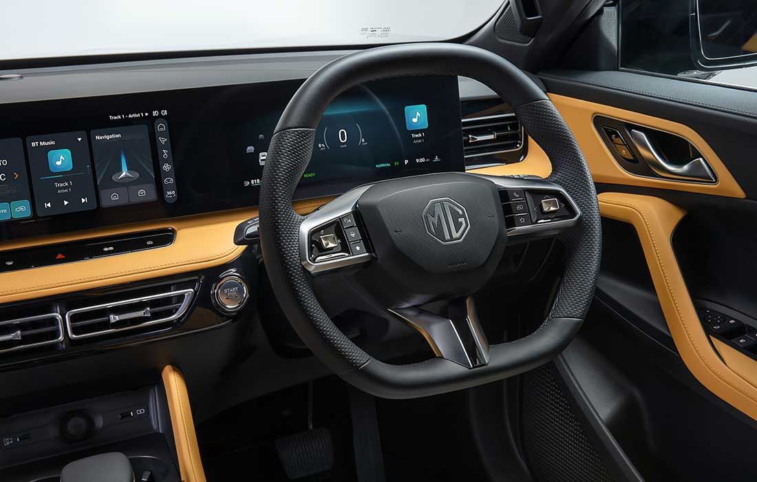 Interior of an MG taxi featuring a digital dashboard, leather-wrapped steering wheel, and start button.