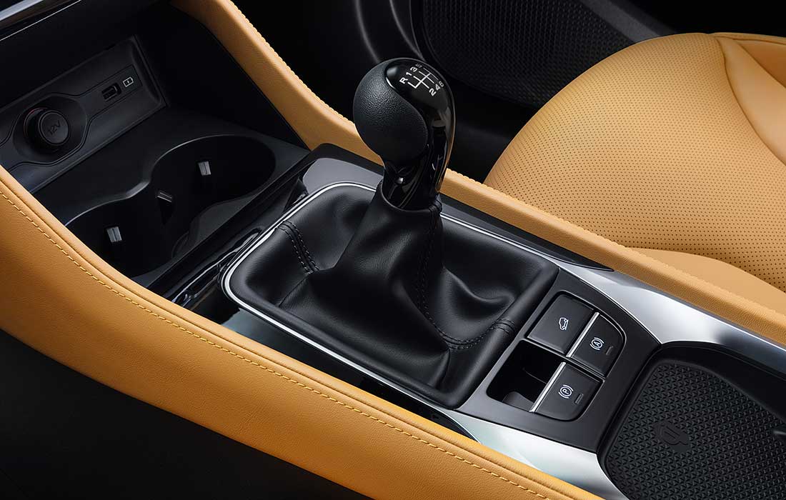 Manual gear lever and electronic parking brake buttons in a tan interior taxi.