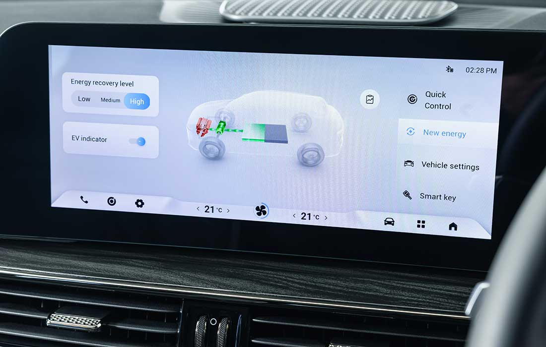 Digital taxi dashboard display showing EV energy recuperation and vehicle settings.