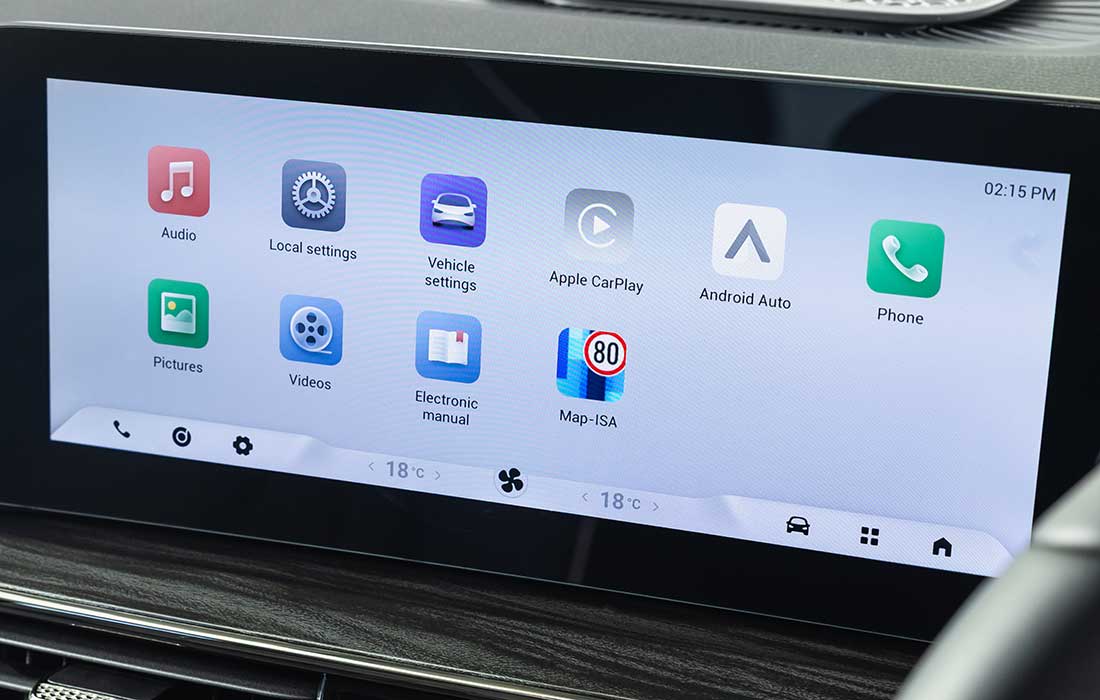 Infotainment touchscreen display in a taxi showing menu icons for audio, settings, connectivity, and vehicle features.